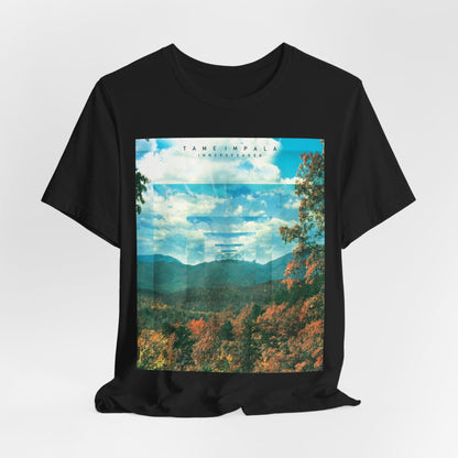 A black graphic t-shirt featuring a graphic related to Tame Impala's 'InnerSpeaker' album.