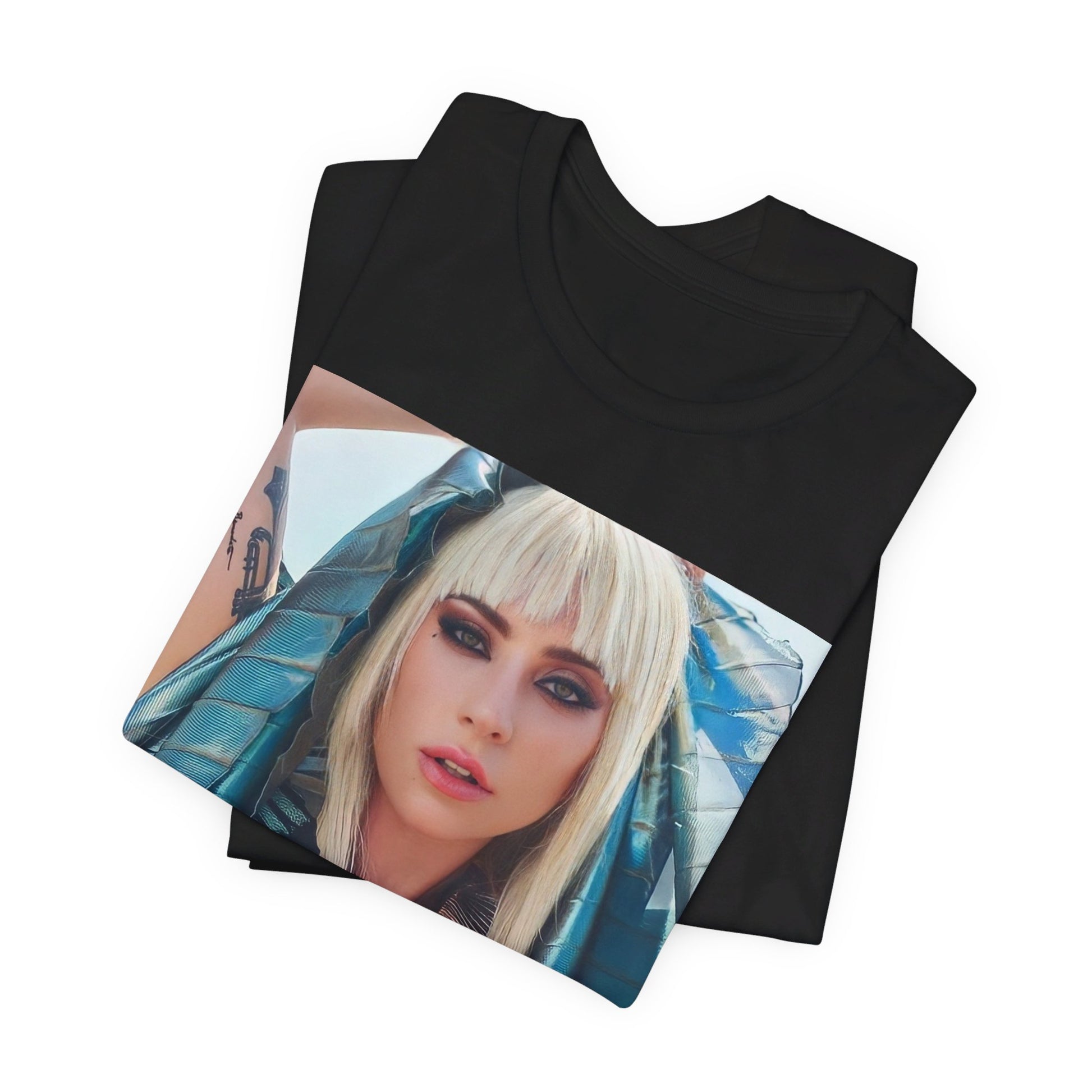 A black graphic t-shirt featuring a graphic related to Lady Gaga's 'A Star Is Born' film era.