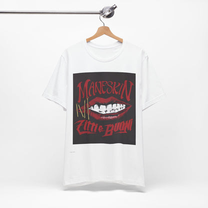 A black graphic t-shirt featuring a graphic related to Maneskin's song "Zitti E Buoni."
