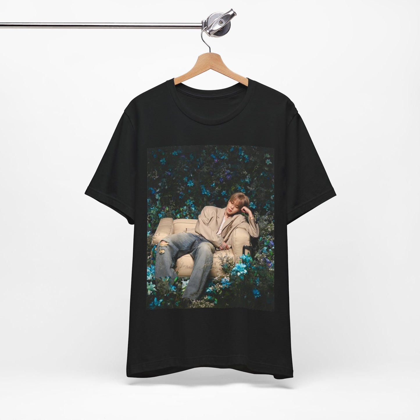 A black graphic t-shirt featuring an aesthetic graphic of Jimin in a K-Pop style.