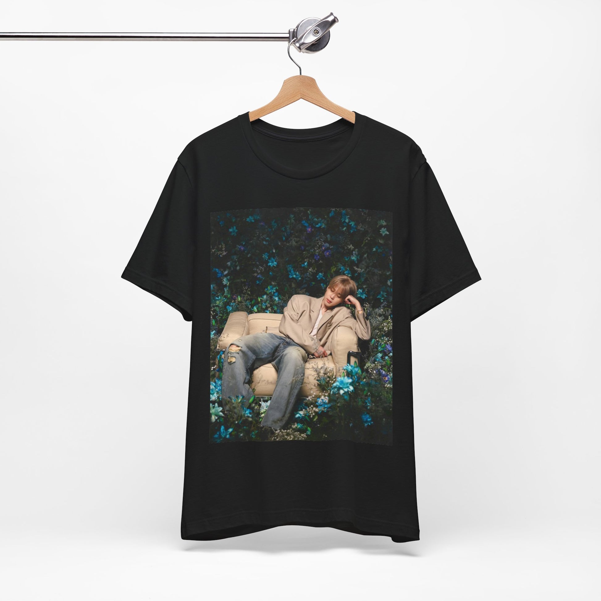 A black graphic t-shirt featuring an aesthetic graphic of Jimin in a K-Pop style.
