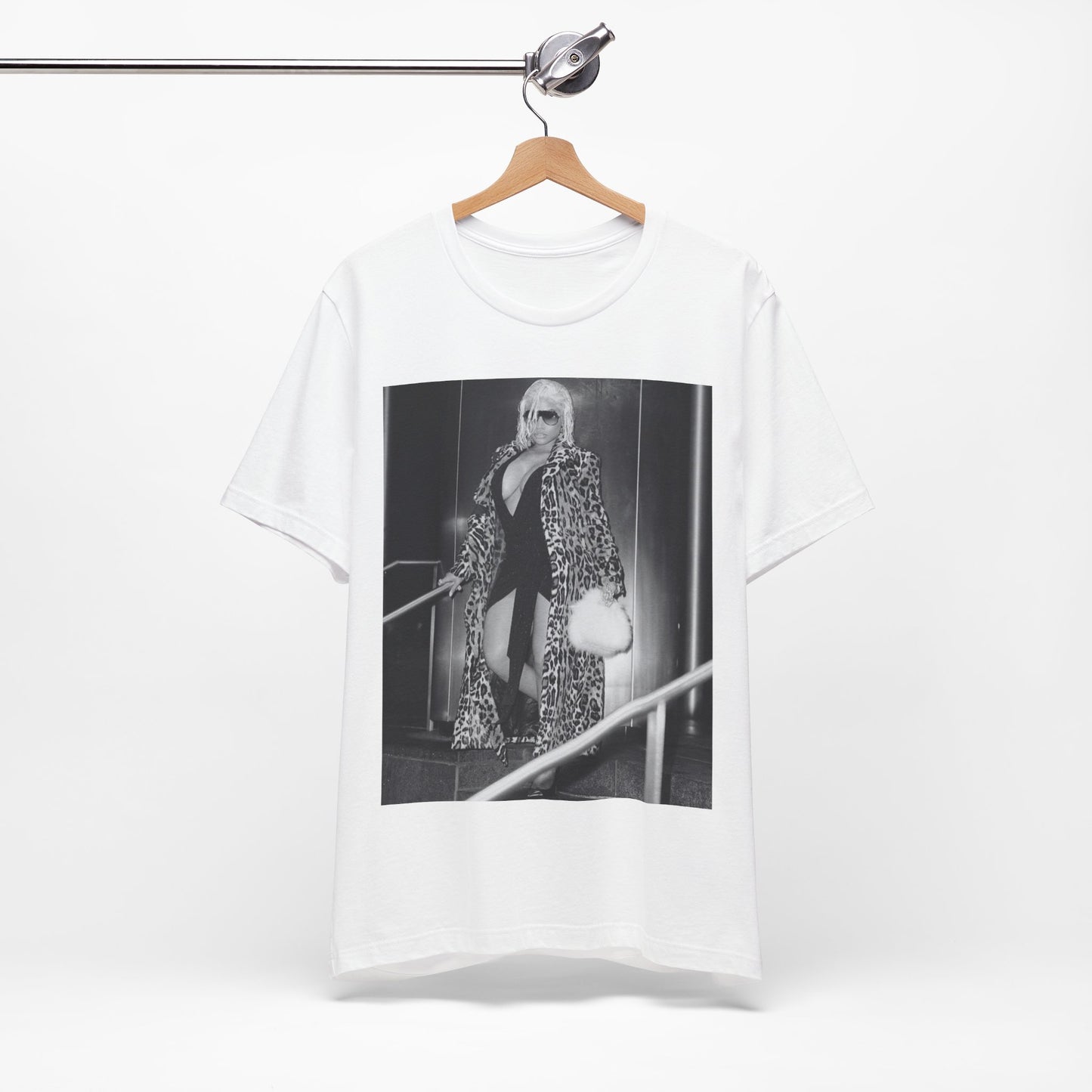 A black graphic t-shirt featuring a black and white glam aesthetic graphic of Nicki Minaj.