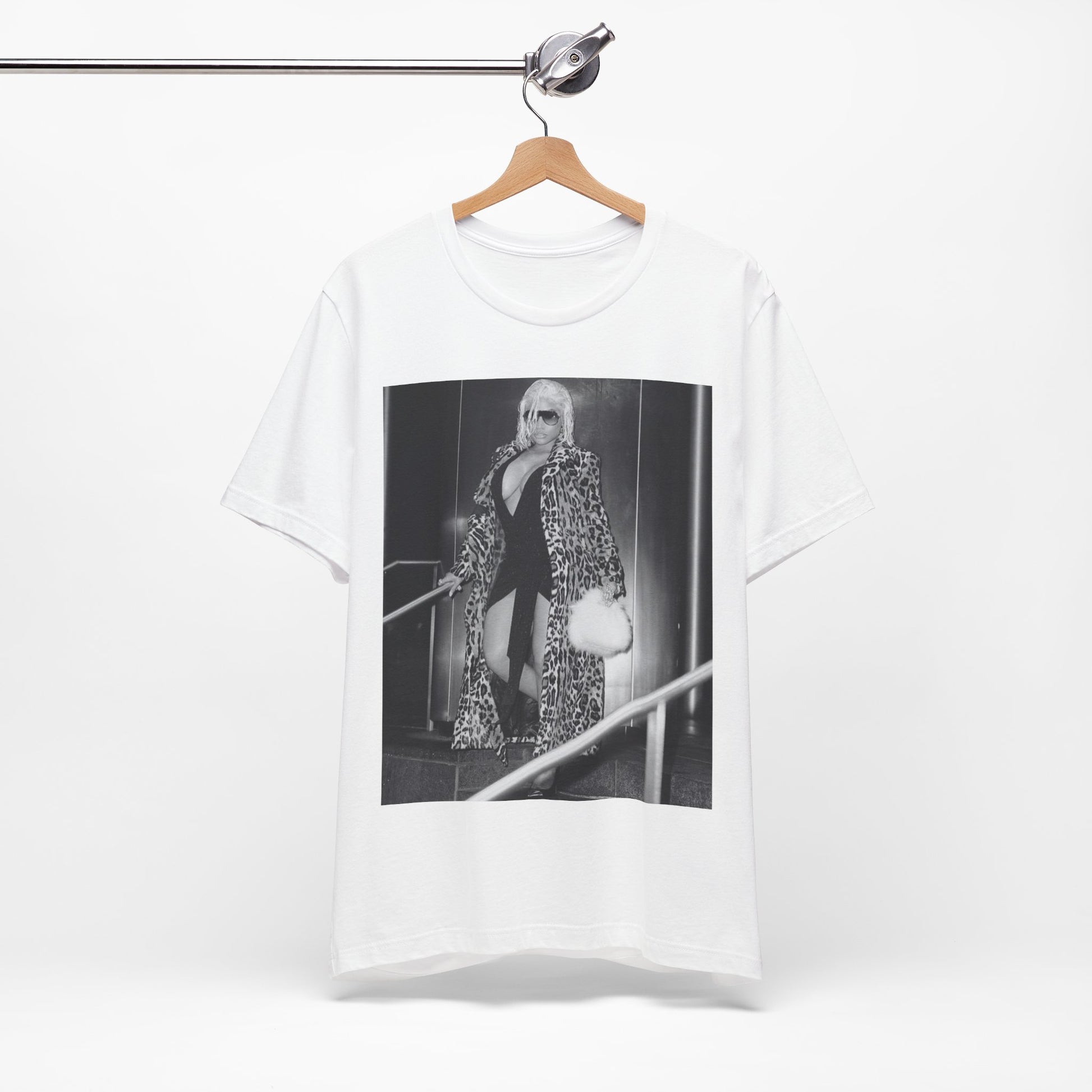 A black graphic t-shirt featuring a black and white glam aesthetic graphic of Nicki Minaj.