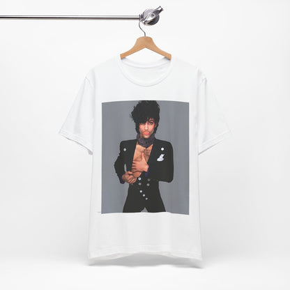 A black graphic t-shirt featuring a 90s vintage funk pop icon graphic of Prince.