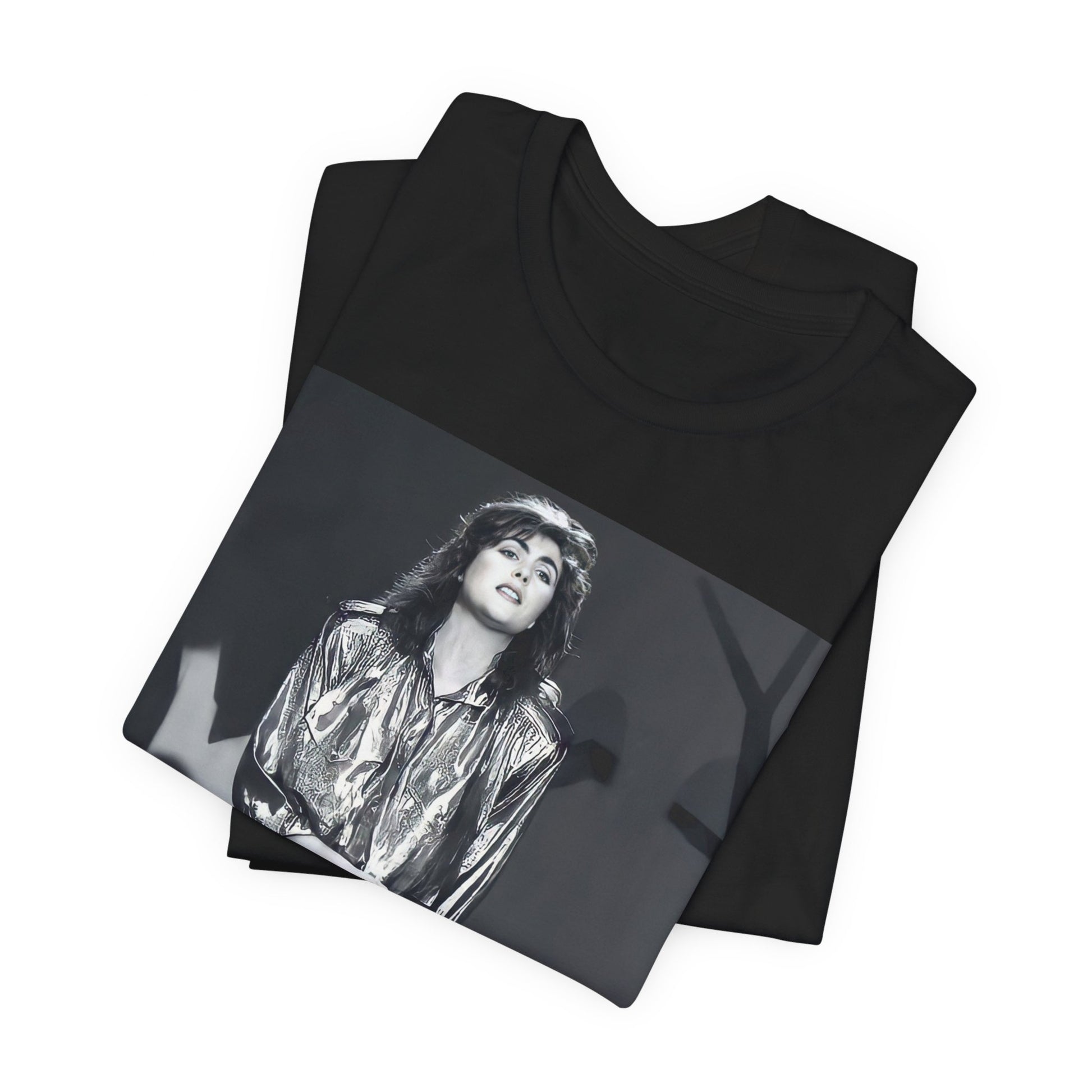 A black graphic t-shirt featuring a graphic of Laura Branigan emphasizing her timeless voice.