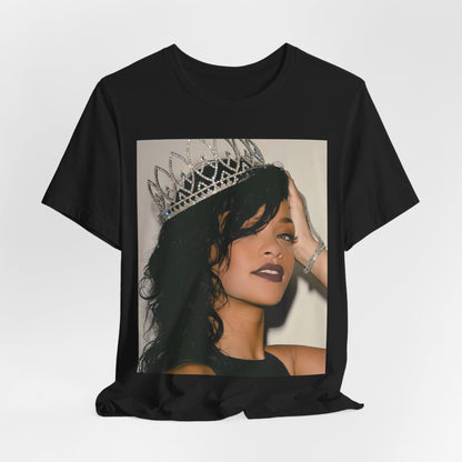A black graphic t-shirt featuring a Y2K pop aesthetic graphic of Rihanna.