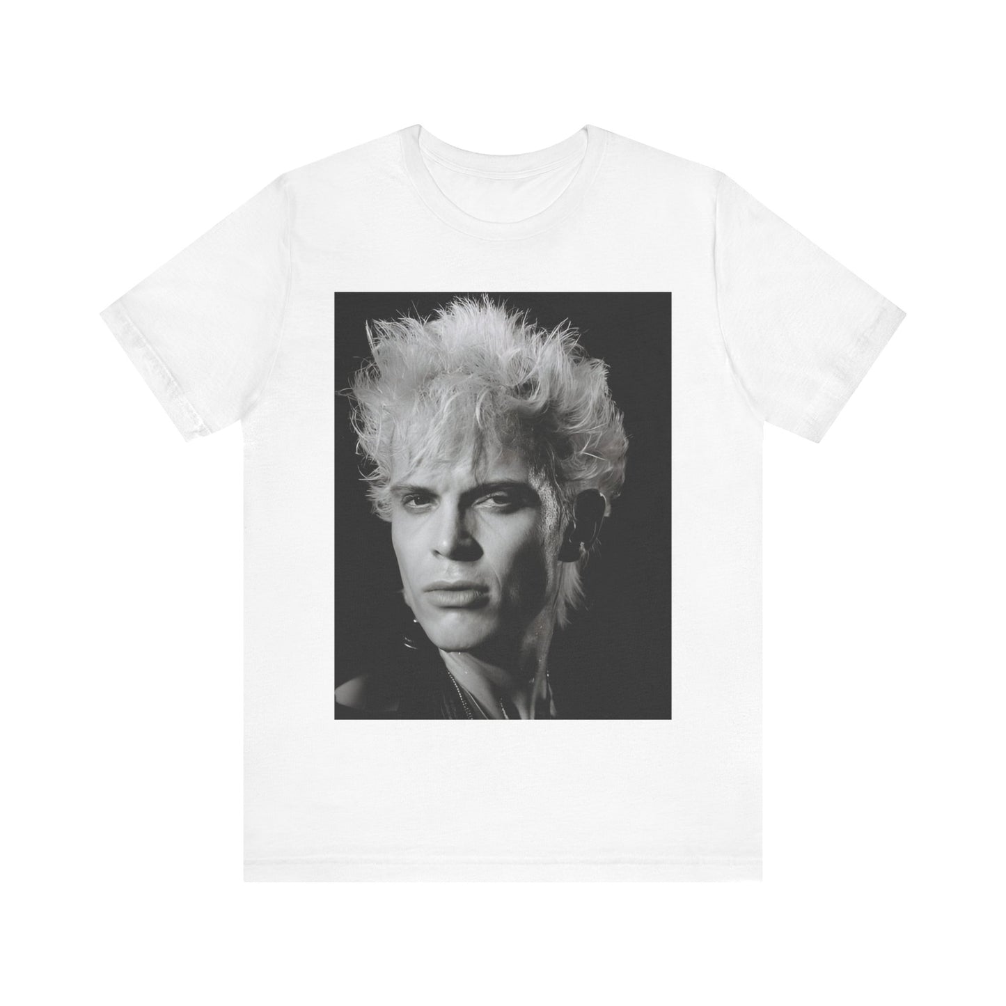 A black graphic t-shirt featuring a bold 80s black and white monochrome graphic of Billy Idol.