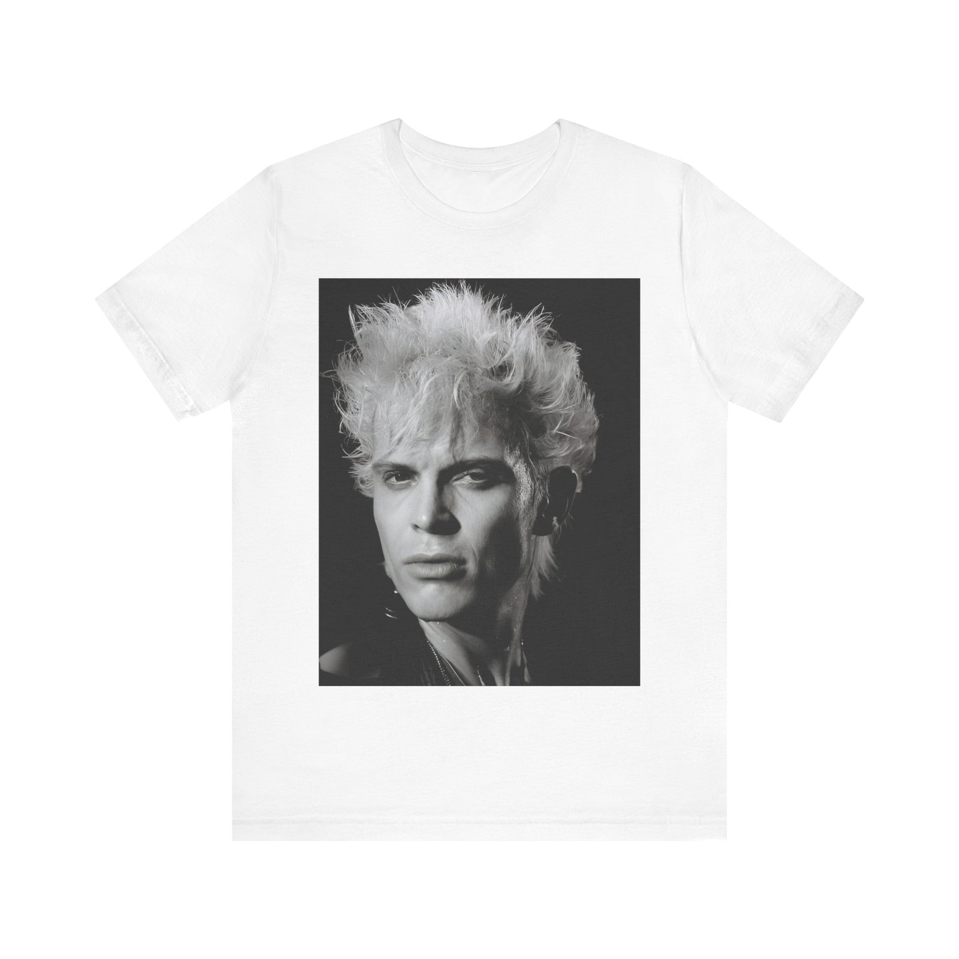 A black graphic t-shirt featuring a bold 80s black and white monochrome graphic of Billy Idol.