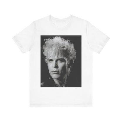 A black graphic t-shirt featuring a bold 80s black and white monochrome graphic of Billy Idol.