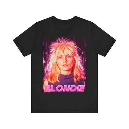 A black graphic t-shirt featuring a neon-style graphic of Blondie with a punk attitude.