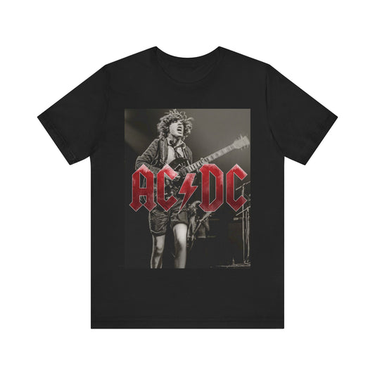 A black graphic t-shirt featuring the AC/DC logo with a dynamic image of Angus Young playing guitar, evoking the phrase 'Feel the Thunder'.