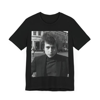 A black graphic t-shirt featuring a 60s black and white photo portrait of Bob Dylan.