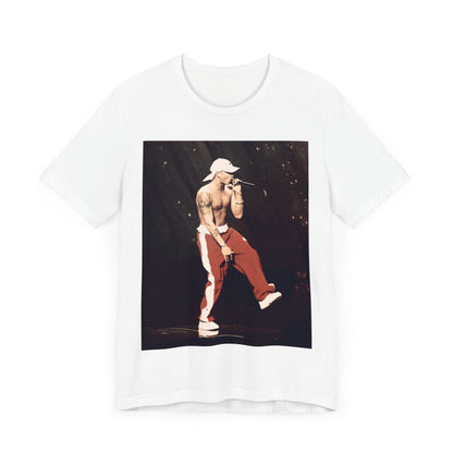 A black graphic t-shirt featuring a graphic inspired by Eminem's film '8 Mile'.