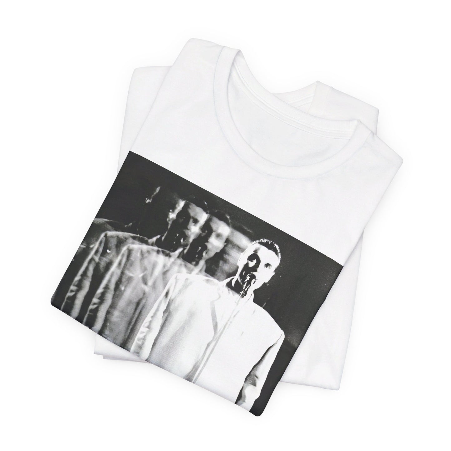 A black graphic t-shirt featuring a graphic of David Byrne from Talking Heads in his iconic 'big suit'.