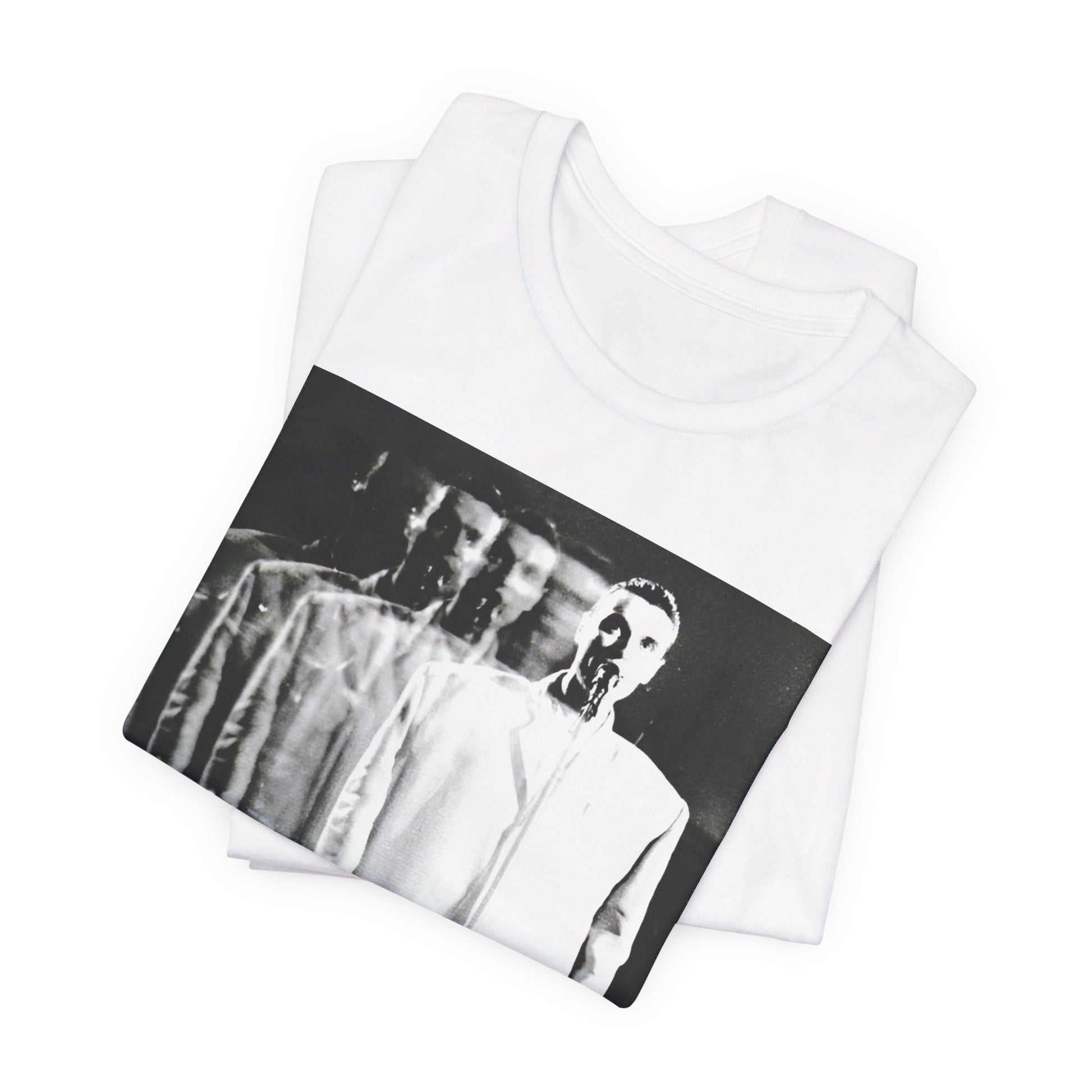 A black graphic t-shirt featuring a graphic of David Byrne from Talking Heads in his iconic 'big suit'.