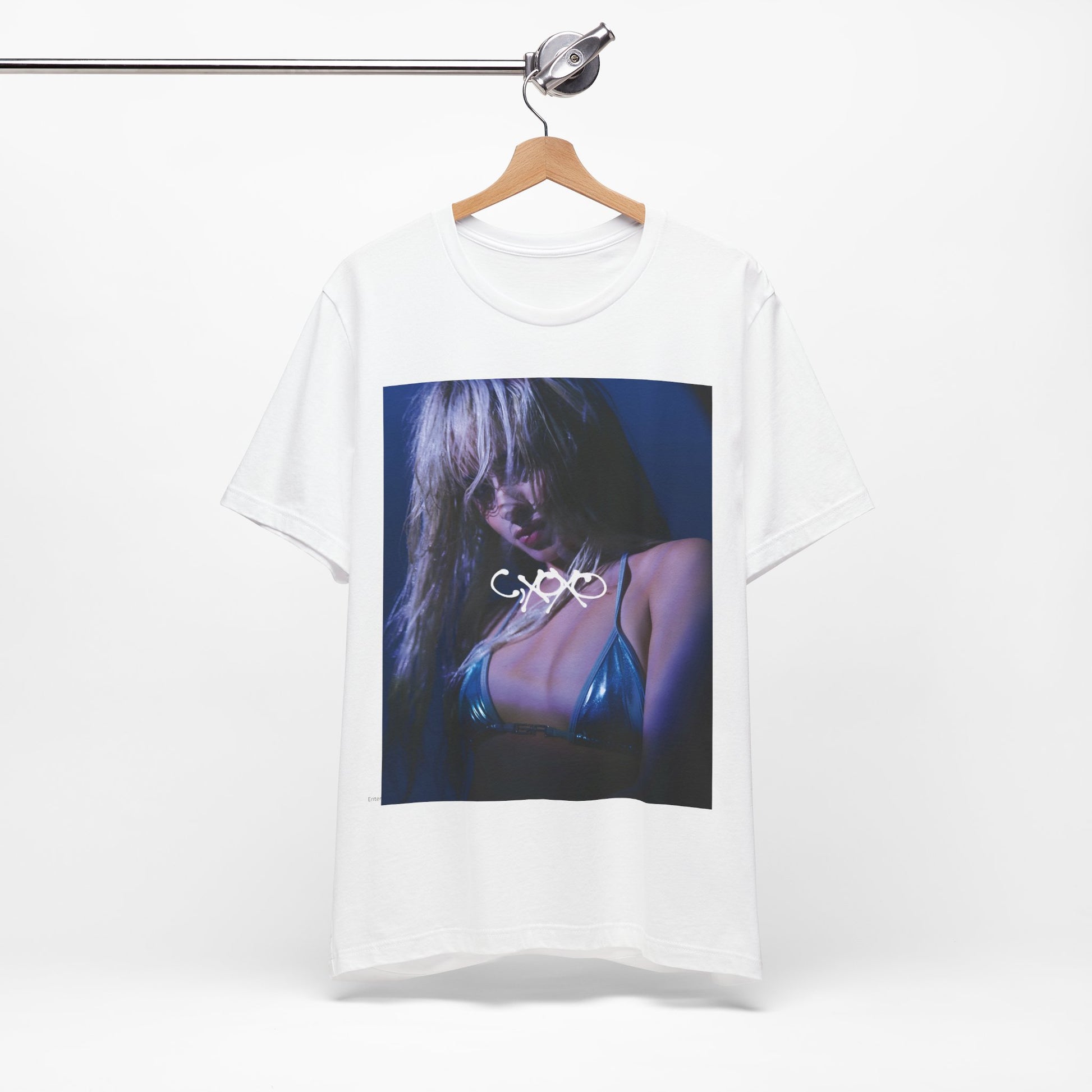 A black graphic t-shirt featuring a bold aesthetic graphic related to Camila Cabello's C,XOXO' album.