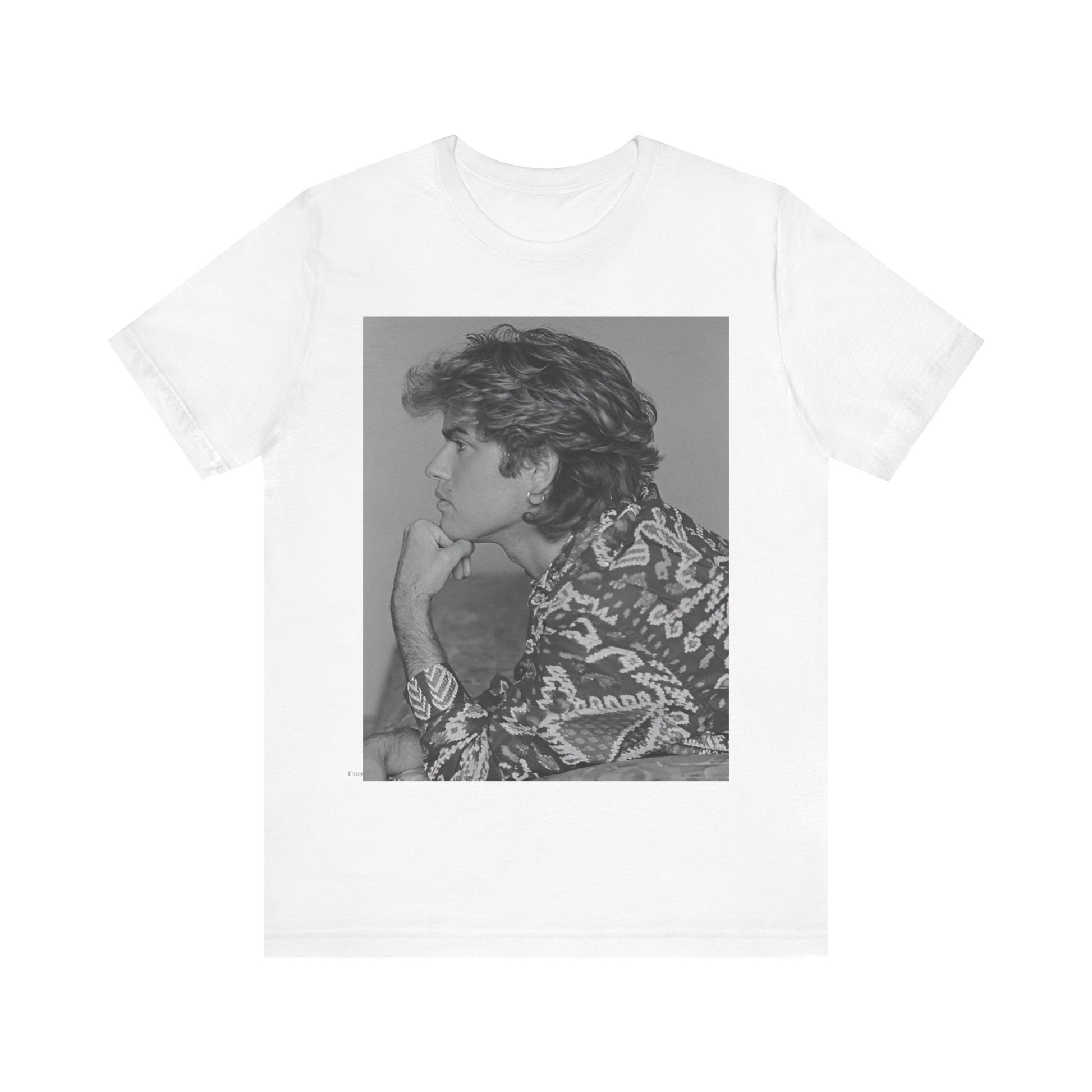 A black graphic t-shirt featuring a graphic of George Michael from his 80s Wham! era.