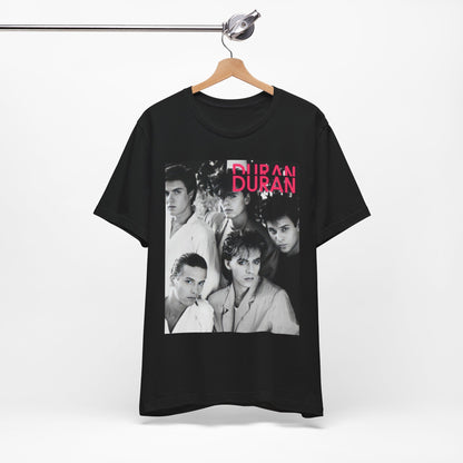 A black graphic t-shirt featuring an 80s black and white monochrome photo of the band Duran Duran.