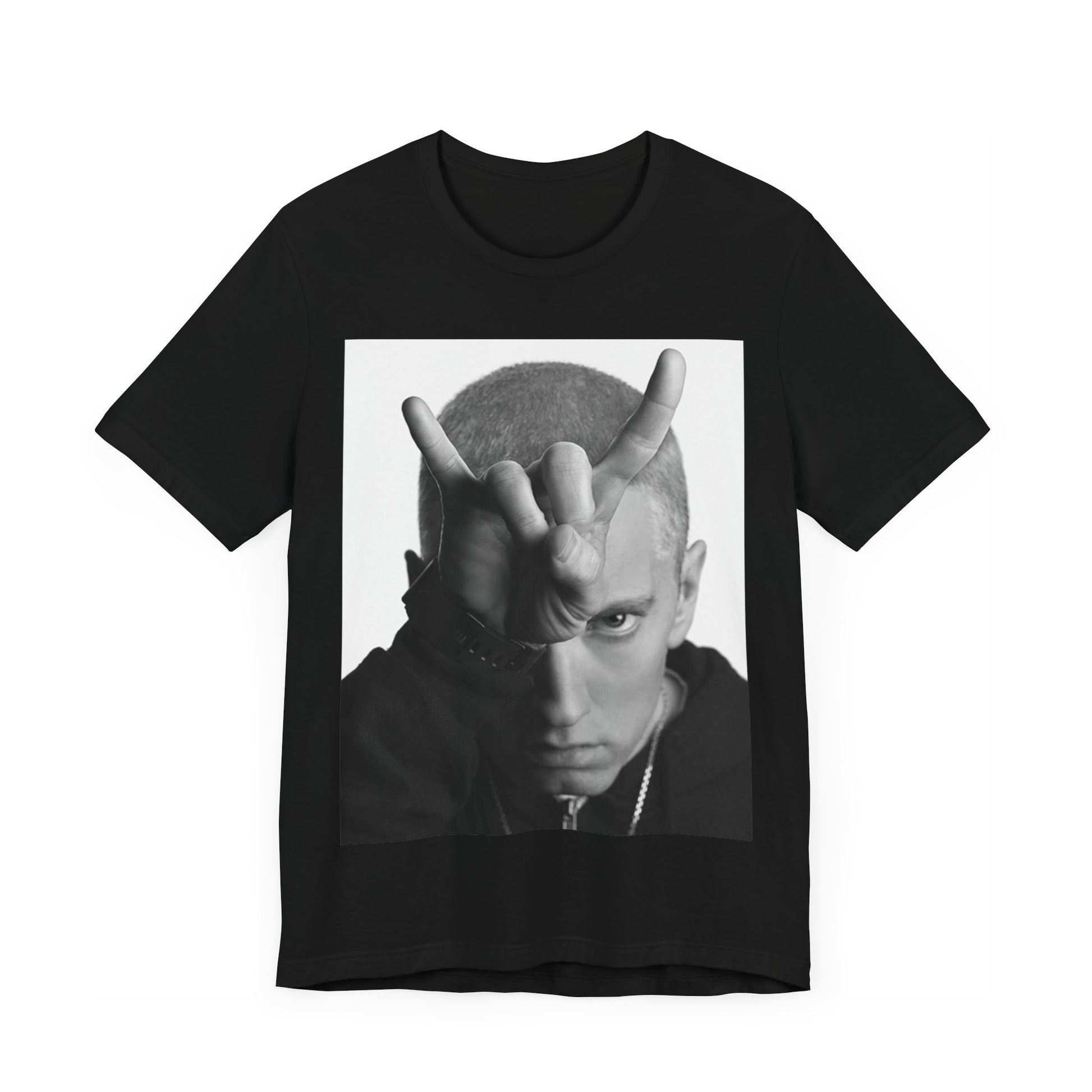 A black graphic t-shirt featuring a graphic related to Eminem's 'My Name Is' song or era.