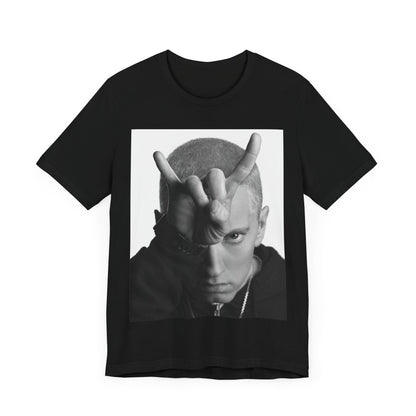 A black graphic t-shirt featuring a graphic related to Eminem's 'My Name Is' song or era.