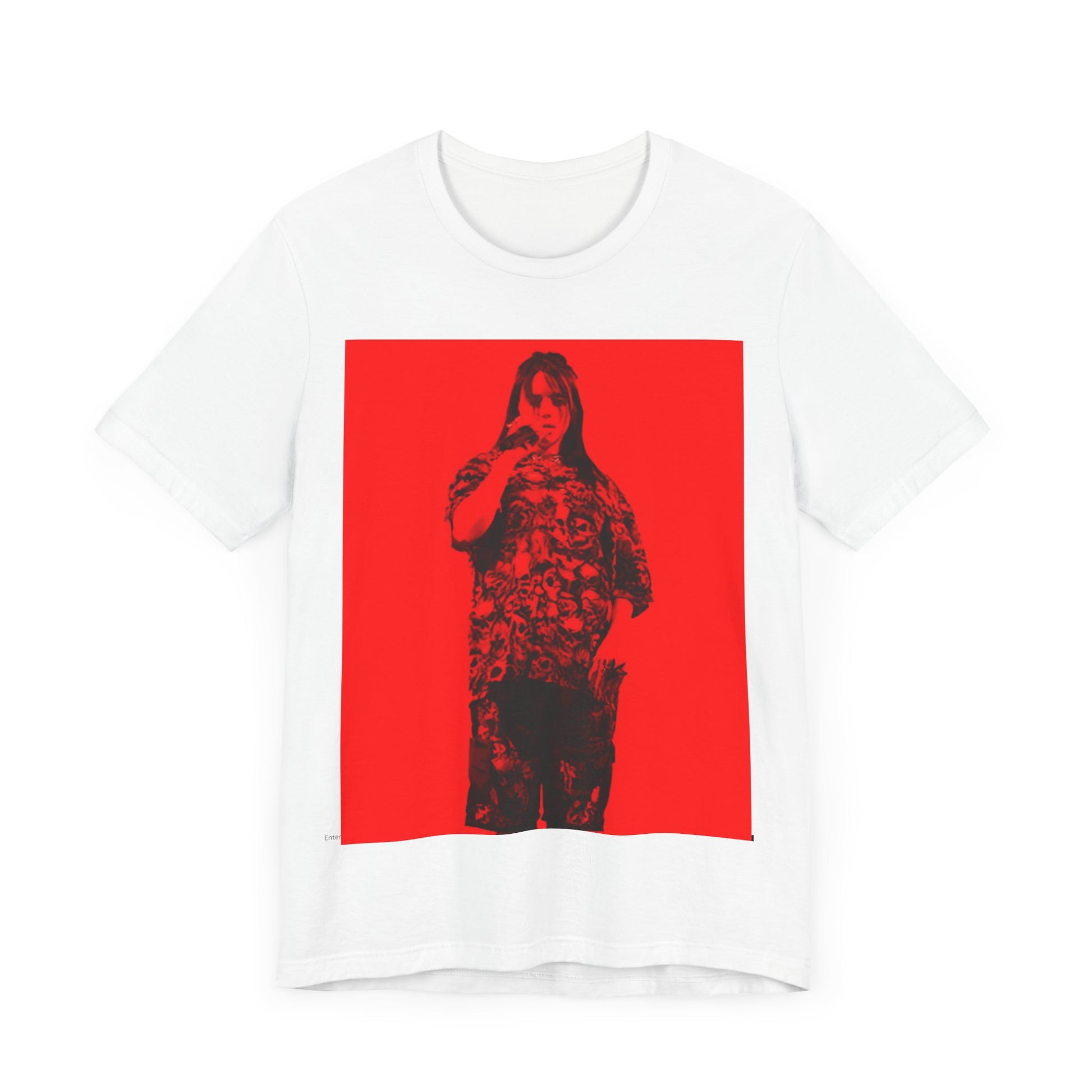 A portrait of Billie Eilish with platinum blonde hair from her 'Happier Than Ever' era, looking over her shoulder, printed on a graphic t-shirt.