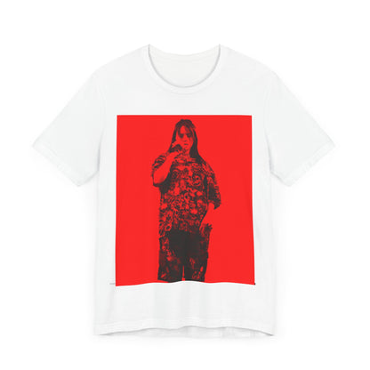 A portrait of Billie Eilish with platinum blonde hair from her 'Happier Than Ever' era, looking over her shoulder, printed on a graphic t-shirt.