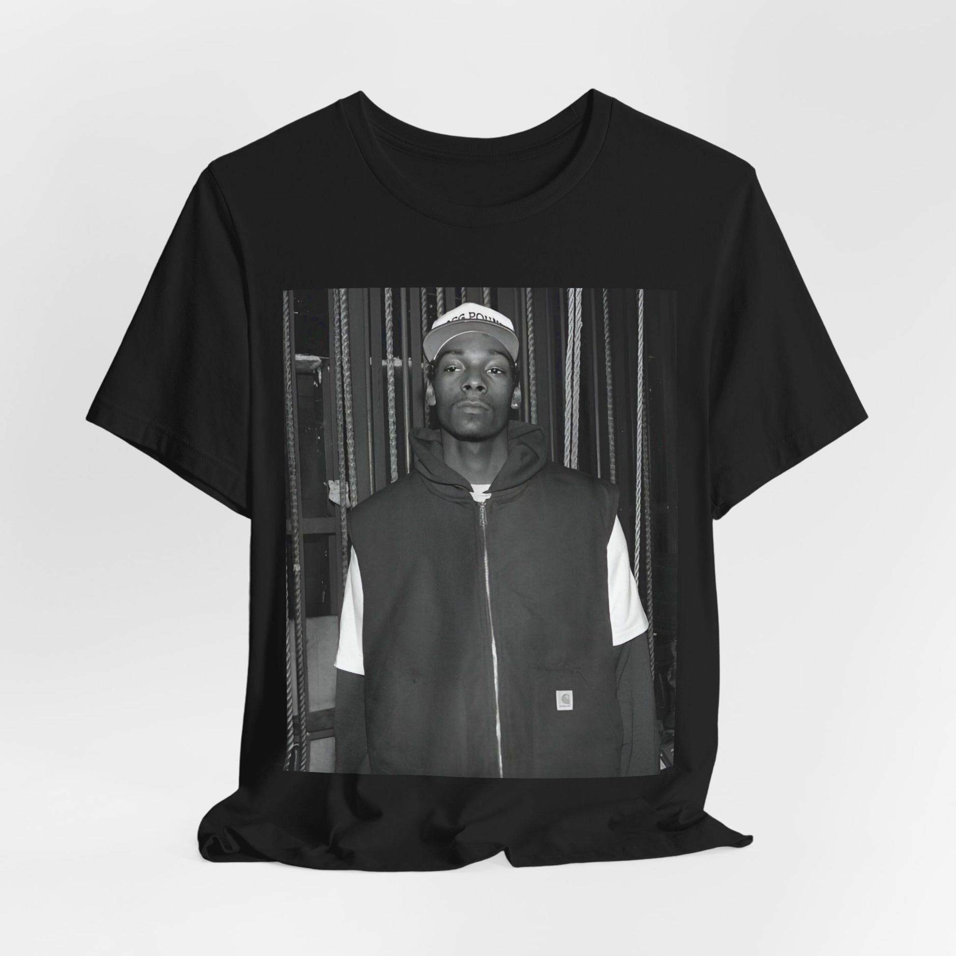 A black graphic t-shirt featuring a graphic of Snoop Dogg emphasizing a rebellious spirit.