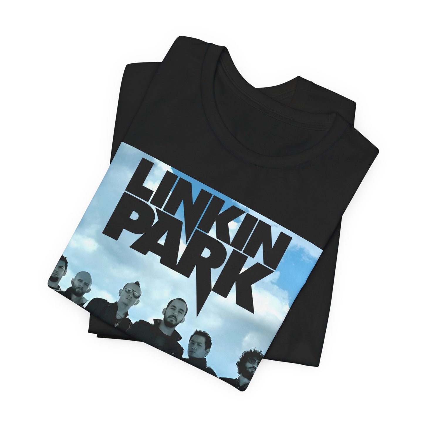 A black graphic t-shirt featuring a vintage graphic related to Linkin Park's 'In the End' song or era.