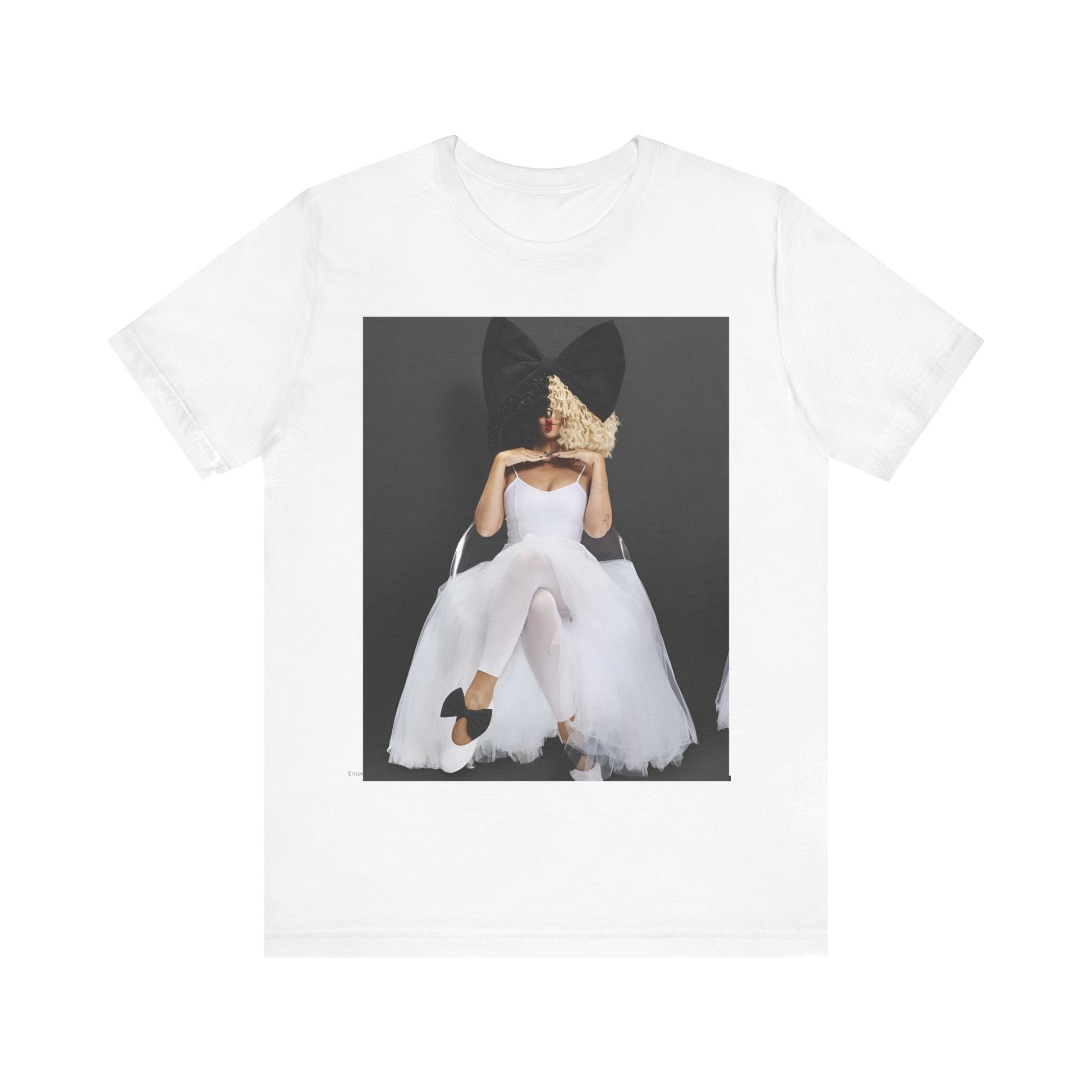A black graphic t-shirt featuring a graphic of Sia's iconic wig style.