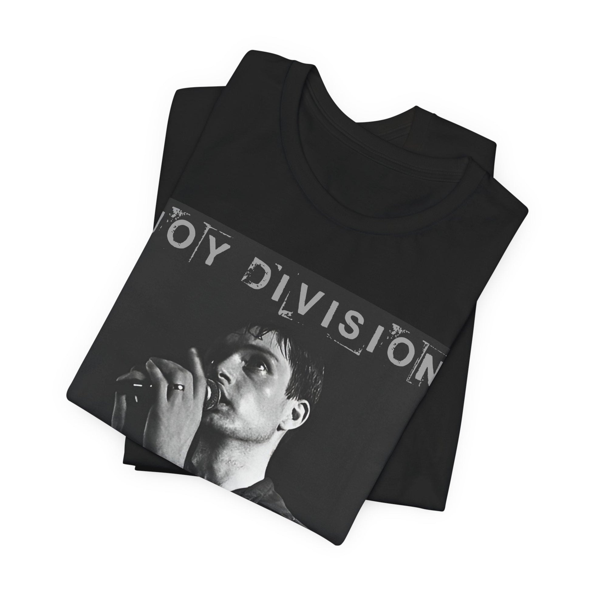A black graphic t-shirt featuring an 80s goth rock aesthetic graphic of Joy Division.