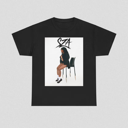A black graphic t-shirt featuring a chill neo-soul aesthetic graphic of SZA.