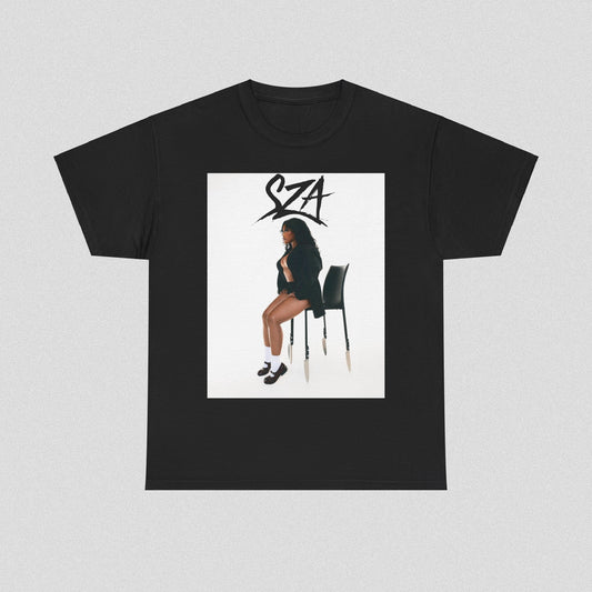 A black graphic t-shirt featuring a chill neo-soul aesthetic graphic of SZA.