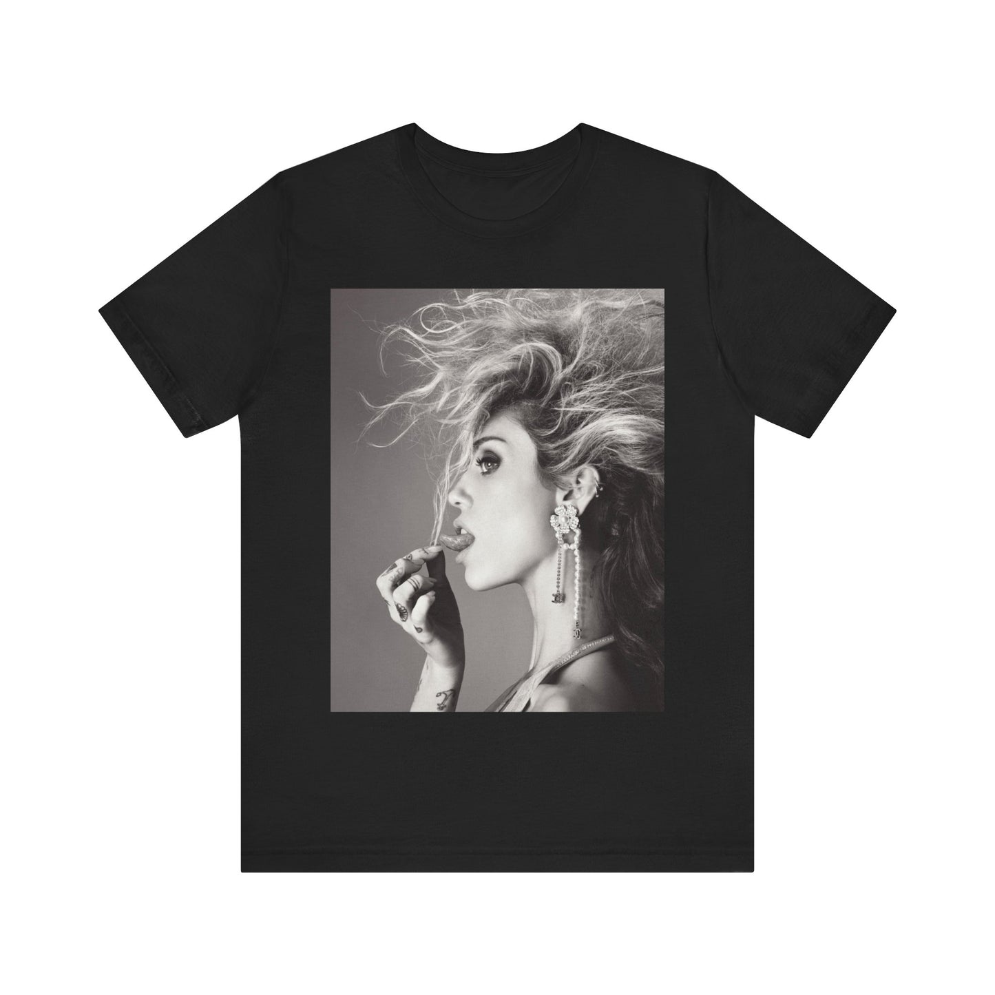 A black graphic t-shirt featuring a graphic of Miley Cyrus as a grunge rockstar.