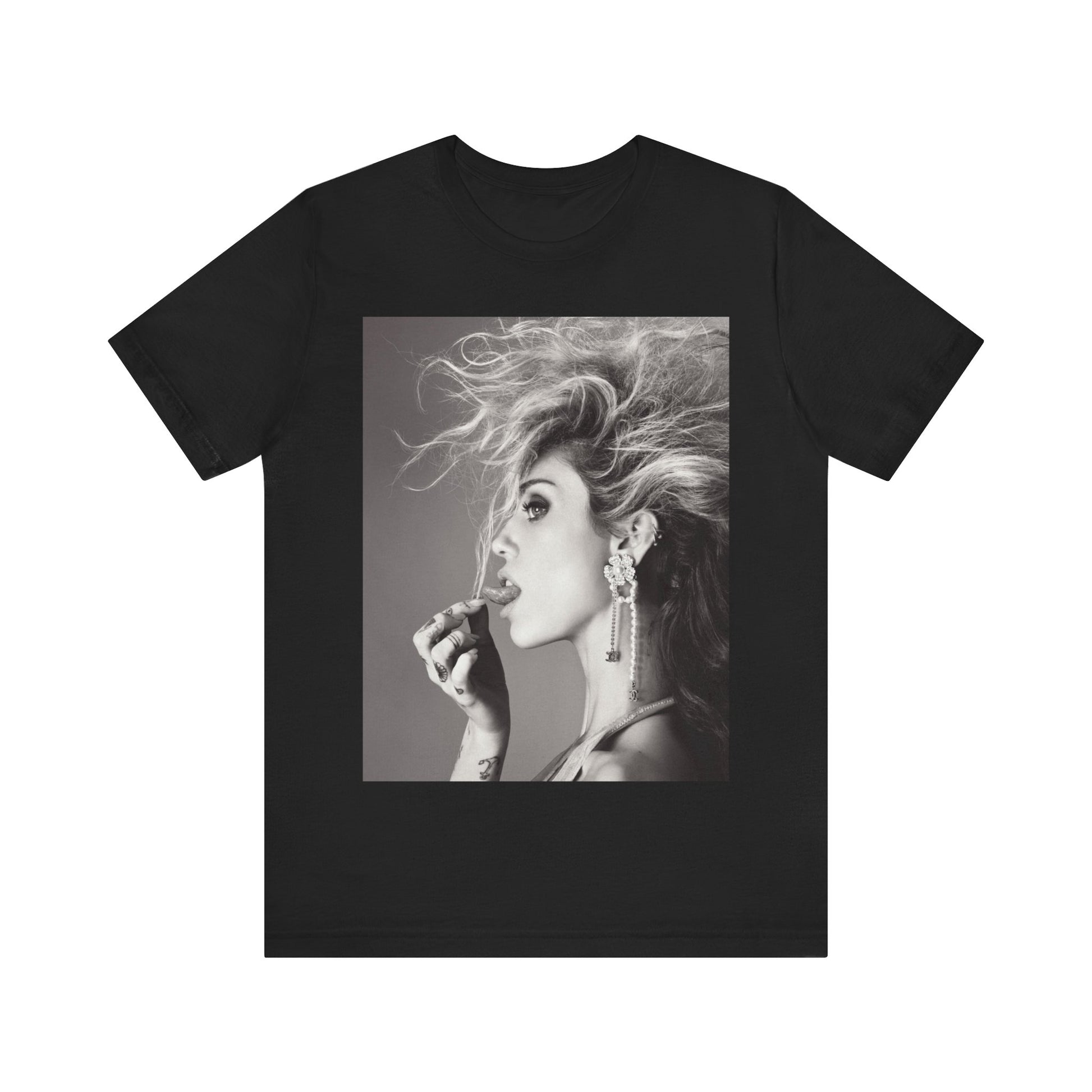 A black graphic t-shirt featuring a graphic of Miley Cyrus as a grunge rockstar.