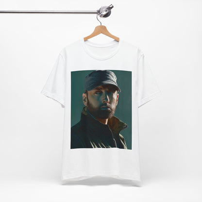 A black graphic t-shirt featuring a graphic of Eminem as a rap genius.
