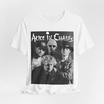 A black graphic t-shirt featuring a black and white photographic portrait of the band Alice In Chains, capturing their iconic grunge look.