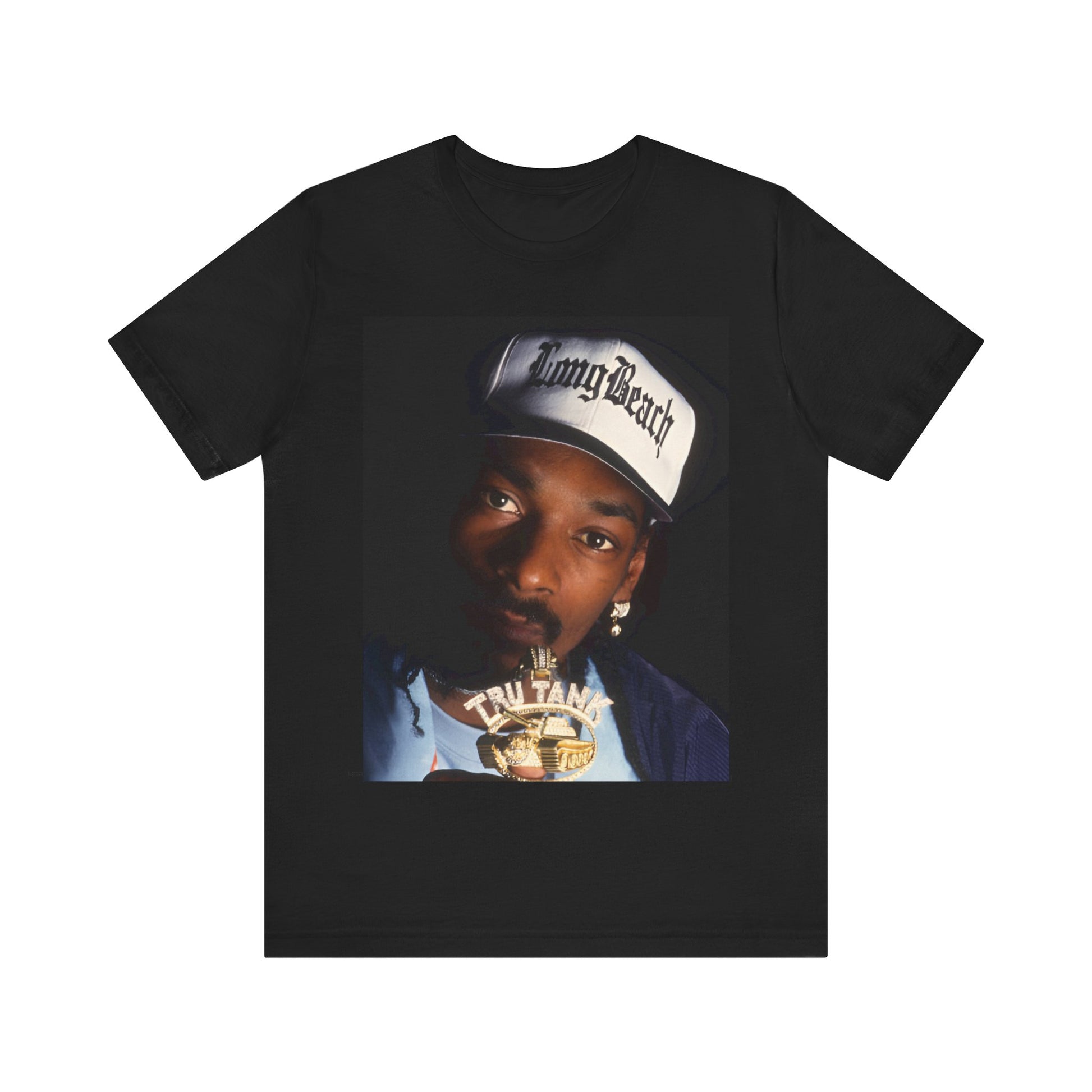 A black graphic t-shirt featuring a graphic of Snoop Dogg as a powerhouse OG rapper.