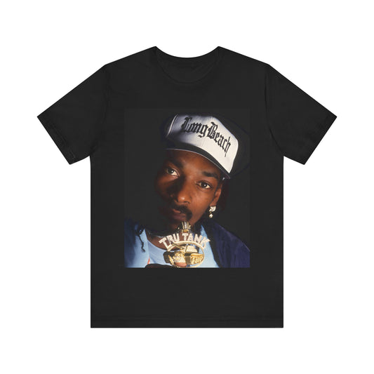 A black graphic t-shirt featuring a graphic of Snoop Dogg as a powerhouse OG rapper.
