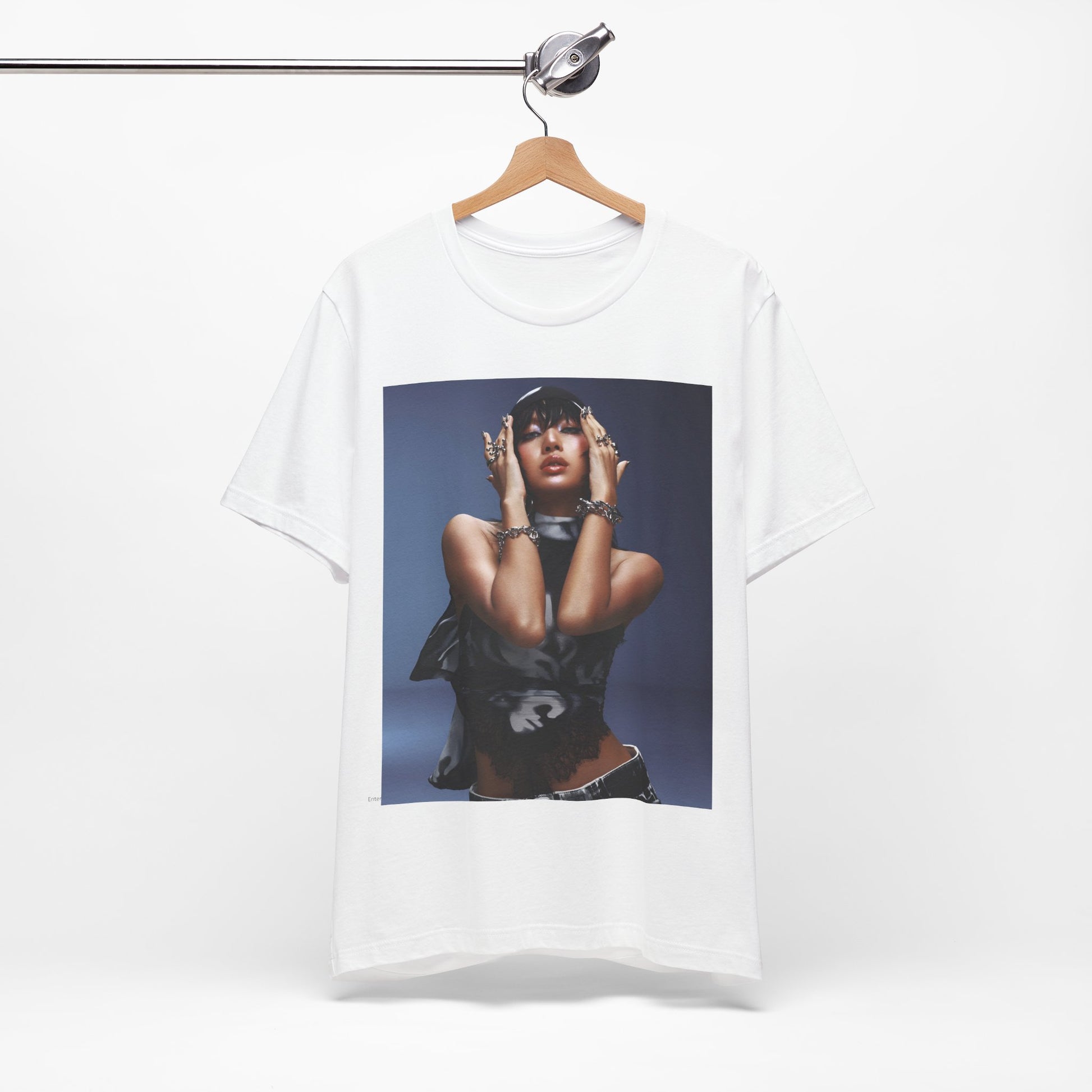 A black graphic t-shirt featuring a bold visual graphic of Lisa from K-Pop.