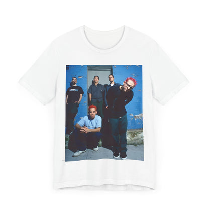 A black graphic t-shirt featuring a graphic of Linkin Park as nu-metal pioneers.