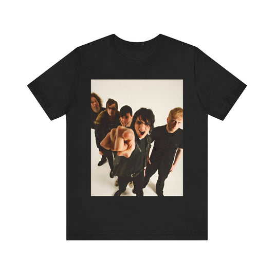 A black graphic t-shirt featuring a retro rock graphic of My Chemical Romance.