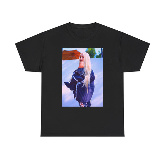 A black graphic t-shirt featuring a photo of Ava Max in a stylish pose, showcasing her elegance.