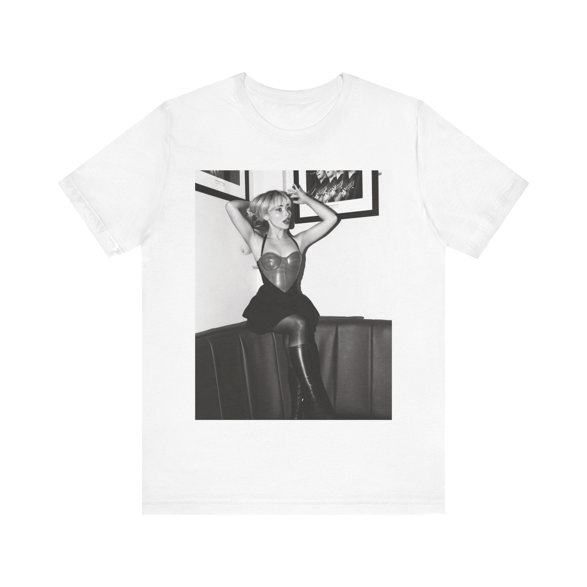 A black graphic t-shirt featuring a black and white graphic of Sabrina Carpenter as a pop princess.