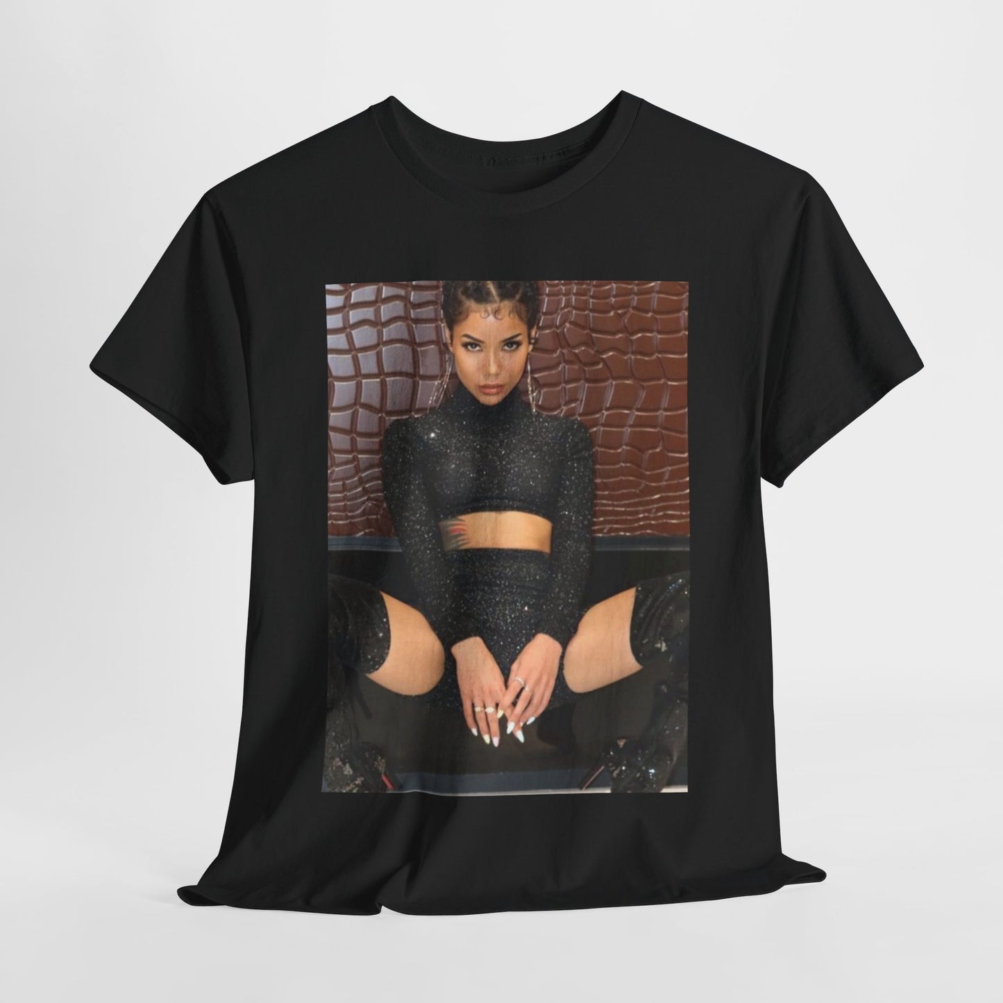 A black graphic t-shirt featuring a vintage graphic related to Jhene Aiko's 'The Worst' song or era.