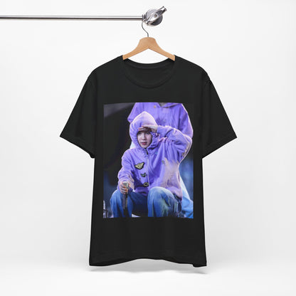 A black graphic t-shirt featuring an authentic live performance graphic of Jimin.
