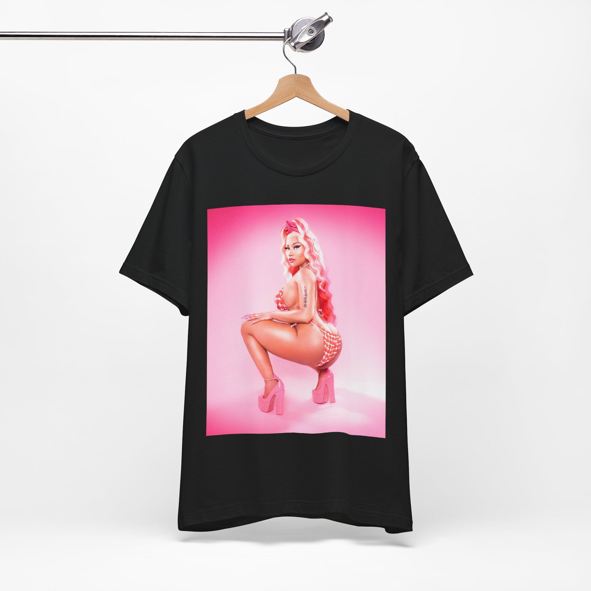 A black graphic t-shirt featuring a graphic related to Nicki Minaj's 'Anaconda' song or era.
