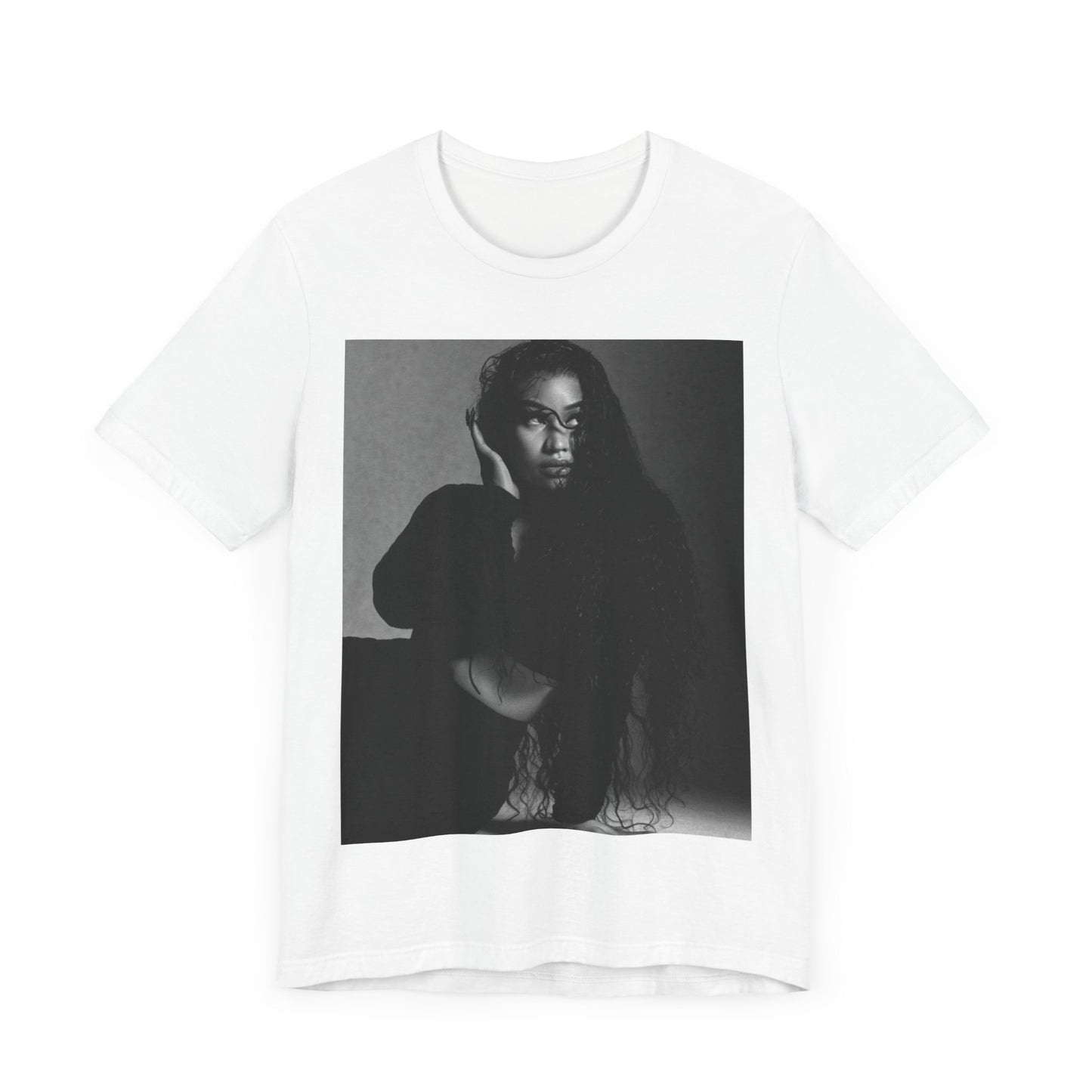 A black graphic t-shirt featuring a black and white graphic or photo of Nicki Minaj as a glamour queen.