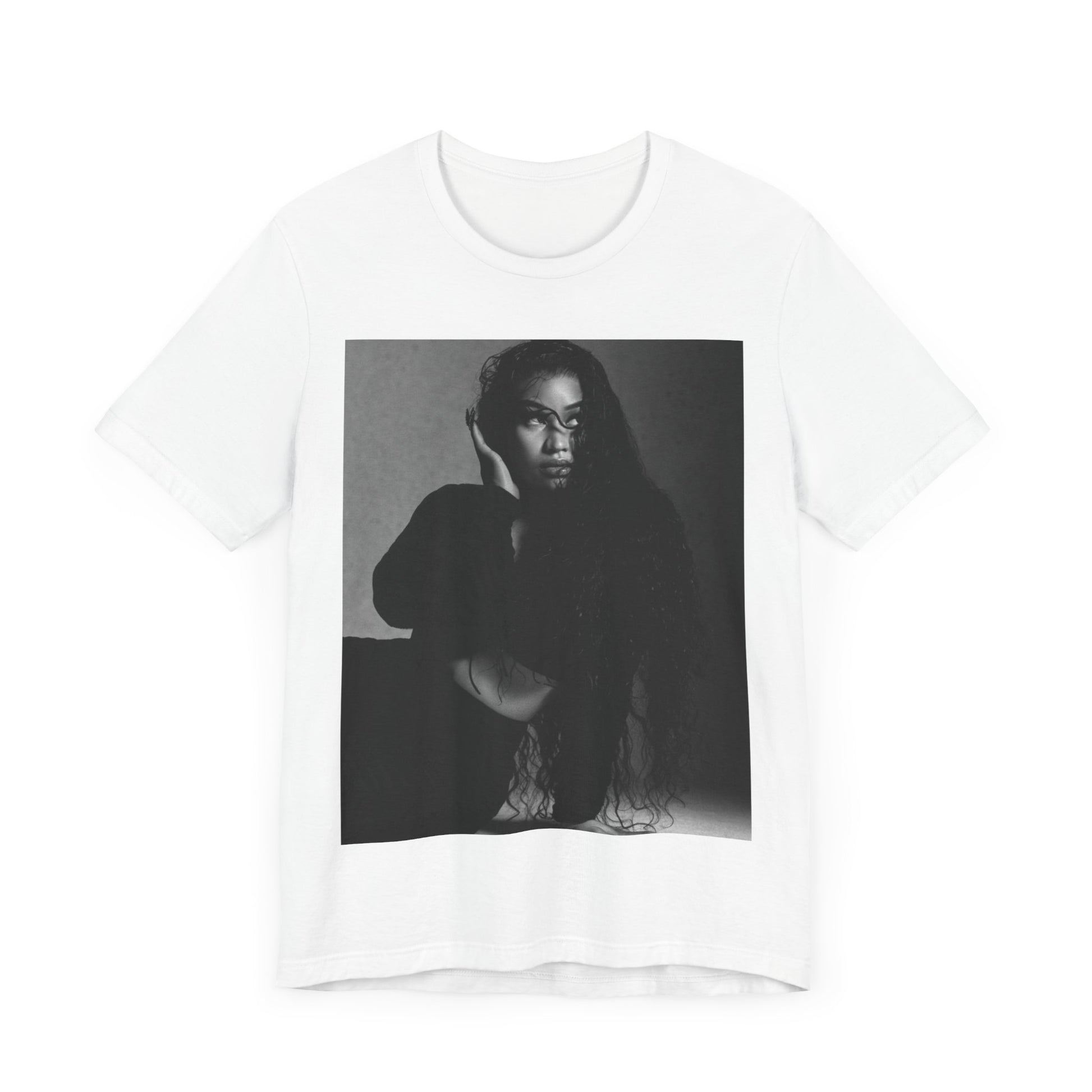 A black graphic t-shirt featuring a black and white graphic or photo of Nicki Minaj as a glamour queen.