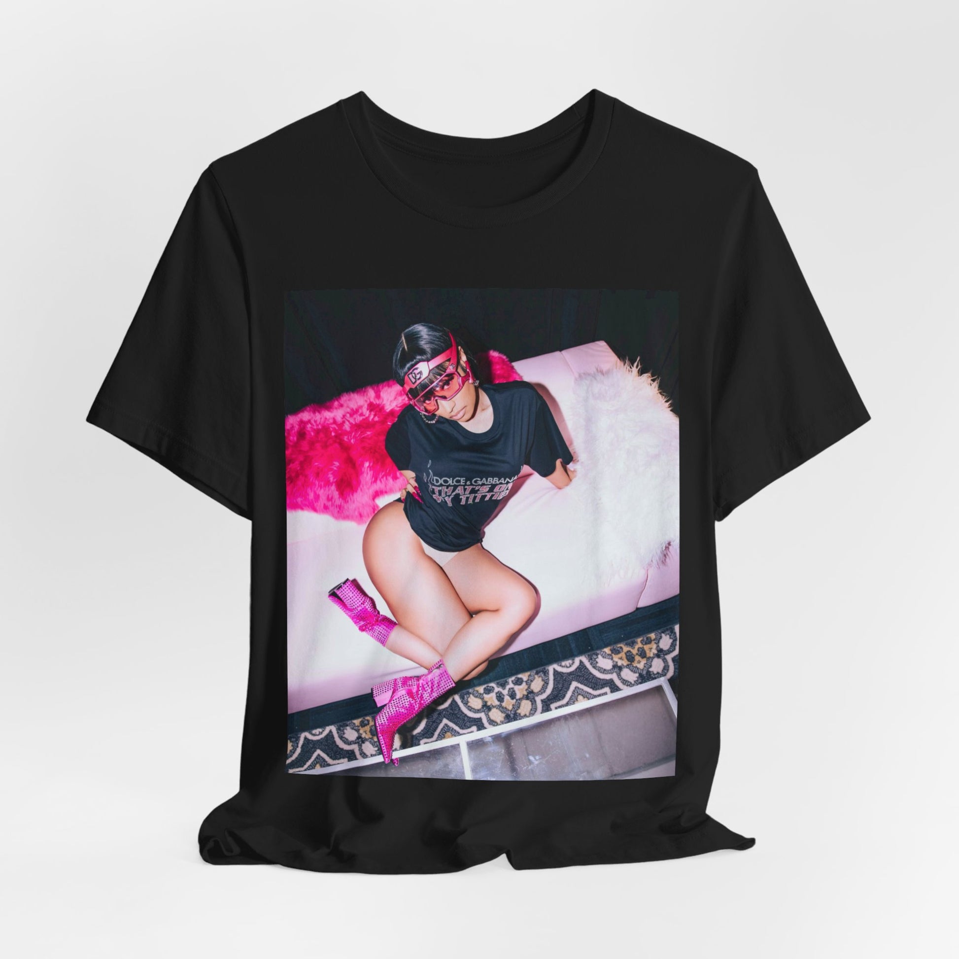 A black graphic t-shirt featuring a classic lifestyle graphic of Nicki Minaj.