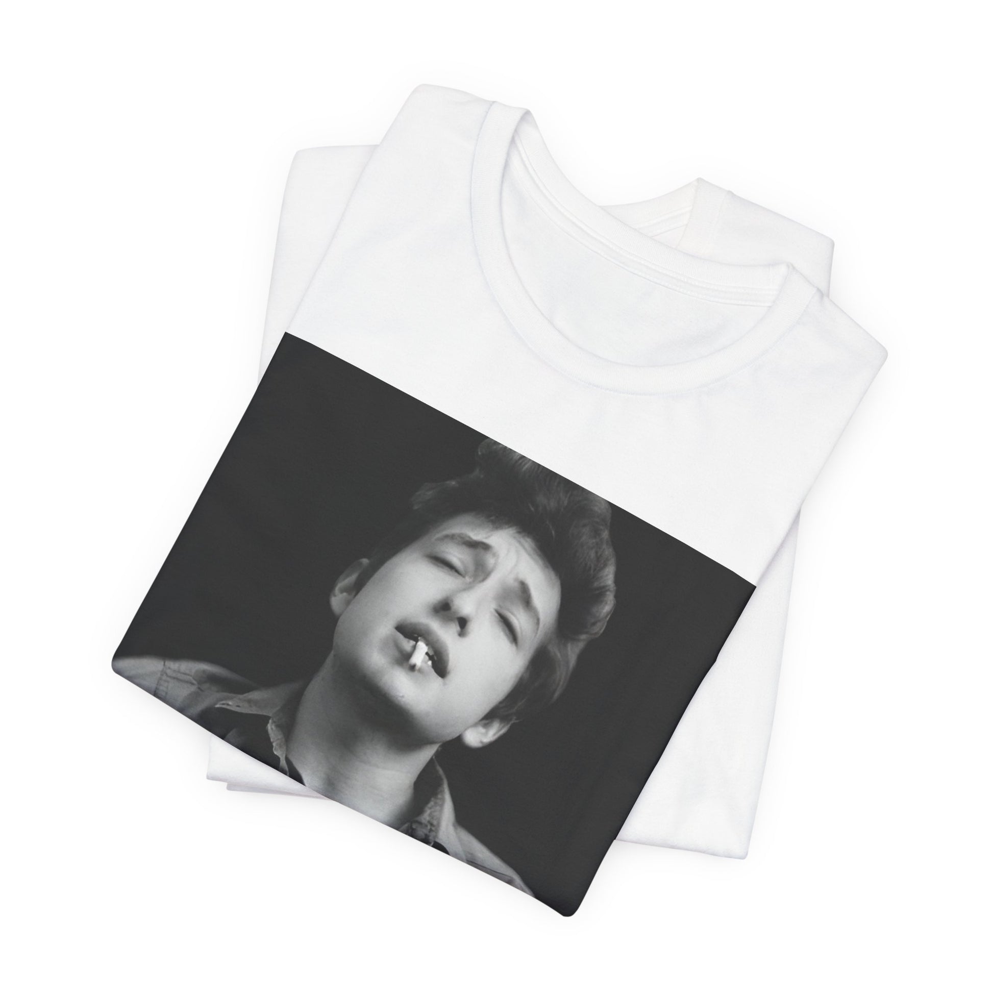 A black graphic t-shirt featuring a photo of Bob Dylan with his acoustic guitar.